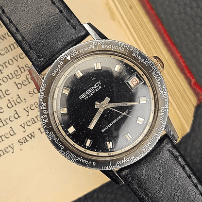 Regency World Time – 17 Jewels – Black Dial – Rotating City Bezel