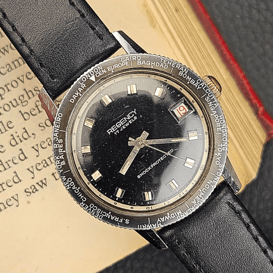 Regency World Time – 17 Jewels – Black Dial – Rotating City Bezel