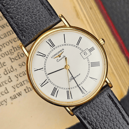 Longines Presence - Gold Plated - Roman Hour Numerals - Black Leather Bracelet