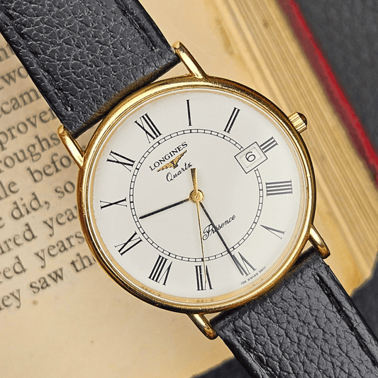 Longines Presence - Gold Plated - Roman Hour Numerals - Black Leather Bracelet