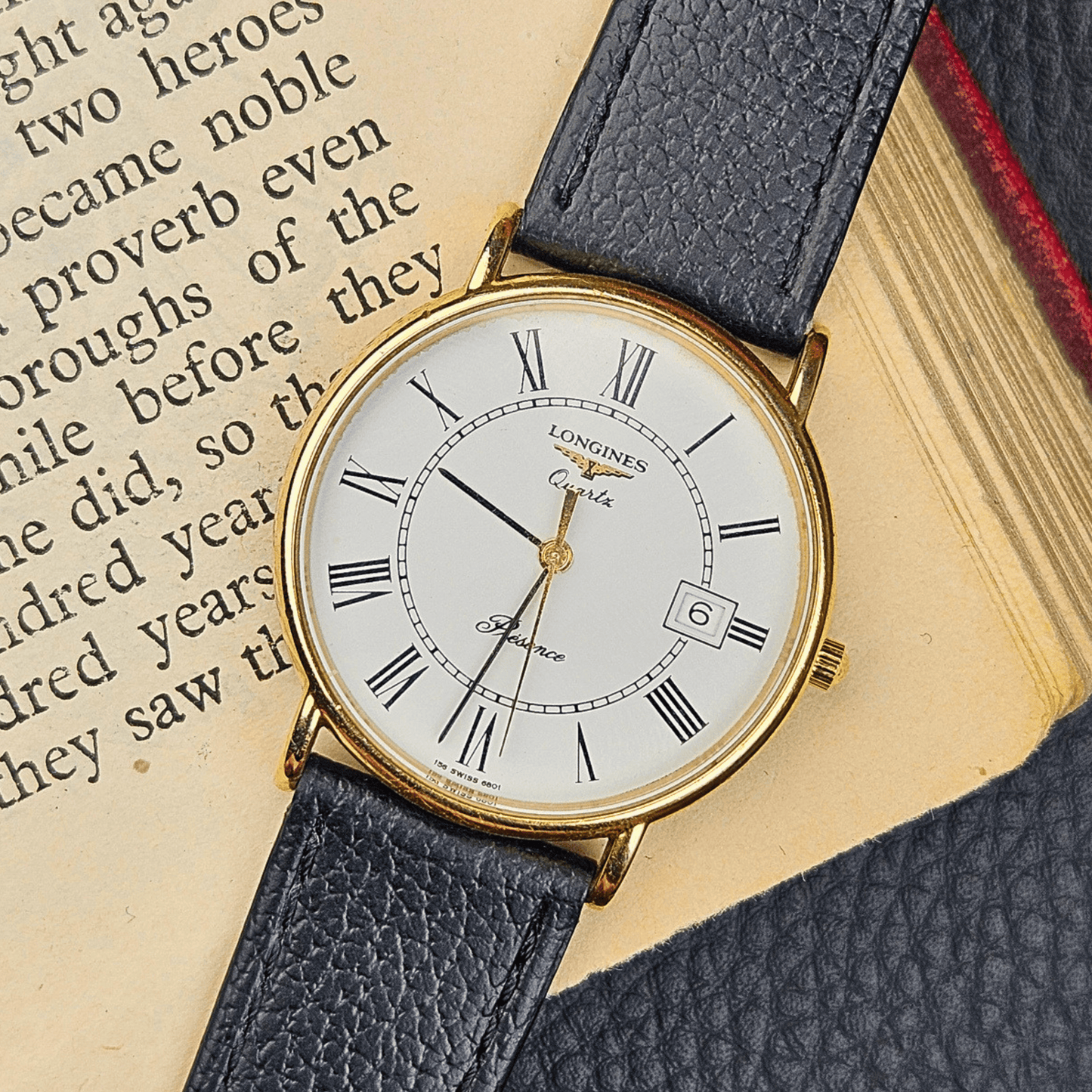 Longines Presence - Gold Plated - Roman Hour Numerals - Black Leather Bracelet